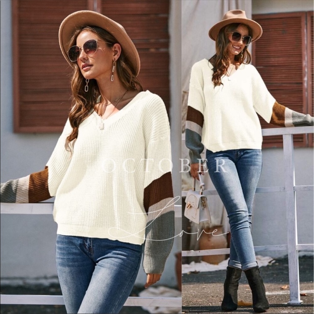 Soft💥Sweater-winter-white w/multi-colored stripesB27S - Picture 3 of 4